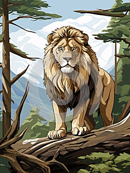 Lion King on nature background in vector mosaic pop art style