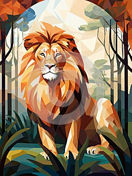 Lion King on nature background in vector mosaic pop art style