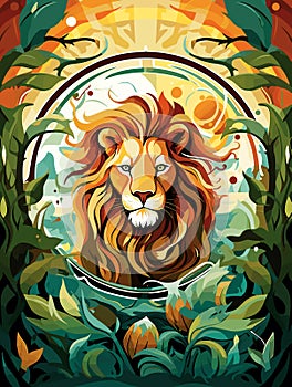 Lion King on nature background in vector mosaic pop art style