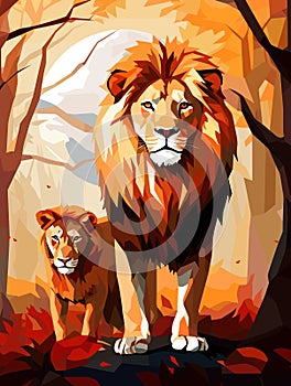 Lion King on nature background in vector mosaic pop art style