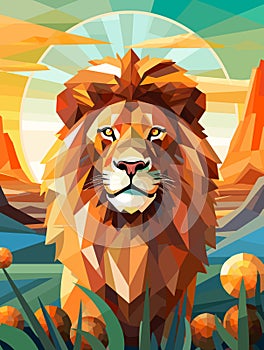 Lion King on nature background in vector mosaic pop art style