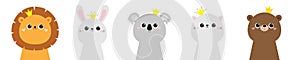 Lion koala bear cat bunny rabbit hare face head icon set. Scandinavian style. Golden crown. Cute kawaii cartoon funny baby
