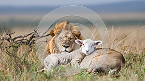 Lion and lamb coexist in peaceful harmony, living together in unity and tranquility