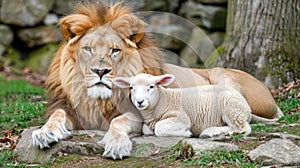 Lion and lamb coexisting harmoniously, showcasing peaceful unity in a serene setting