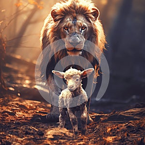 Lion and lamb in the forest