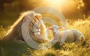 lion and lamb lie together in the meadow, millennium, biblical prophecy, generative ai