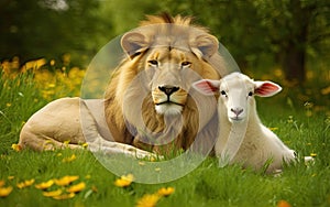 lion and lamb lie together in the meadow, millennium, biblical prophecy, generative ai