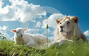 lion and lamb lie together in the meadow, millennium, biblical prophecy, generative ai photo