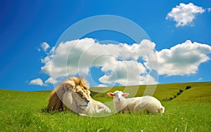 lion and lamb lie together in the meadow, millennium, biblical prophecy, generative ai photo