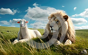 lion and lamb lie together in the meadow, millennium, biblical prophecy, generative ai photo