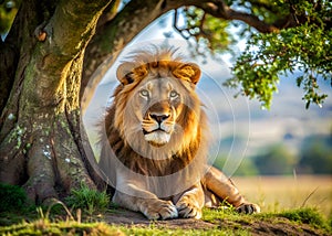 A lion is laying under a tree in a field