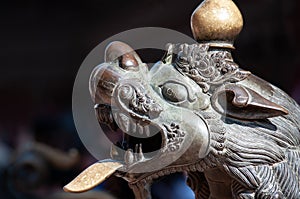 The lion like statue head guard near the temple door, Bhaktapur, Kathmandu