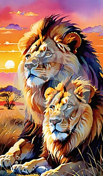 Lion and lion cubs.Lions family.Vector illustration.Lion family in the savannah.