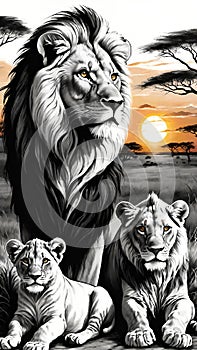 Lion and lion cubs.Lions family.Vector illustration.Lion family in the savannah.