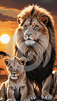 Lion and lion cubs.Lions family.Vector illustration.Lion family in the savannah.