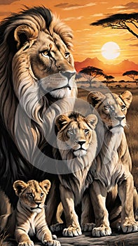 Lion and lion cubs.Lions family.Vector illustration.Lion family in the savannah.