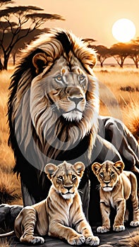 Lion and lion cubs.Lions family.Vector illustration.Lion family in the savannah.