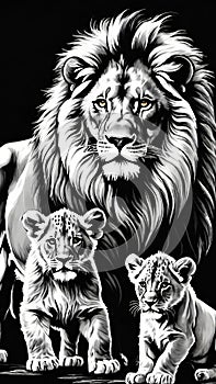 Lion and lion cubs.Lions family.Vector illustration.Lion family in the savannah.