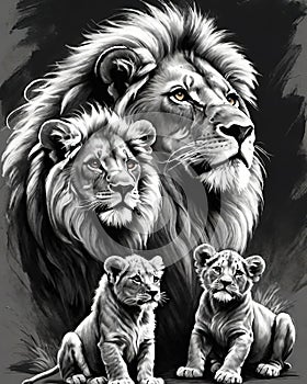 Lion and lion cubs.Lions family.Vector illustration.Lion family in the savannah.