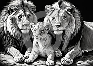 Lion and lion cubs.Lions family.Vector illustration.Lion family in the savannah.