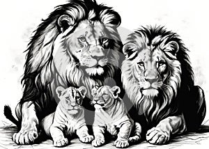 Lion and lion cubs.Lions family.Vector illustration.Lion family in the savannah.