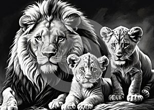 Lion and lion cubs.Lions family.Vector illustration.Lion family in the savannah.