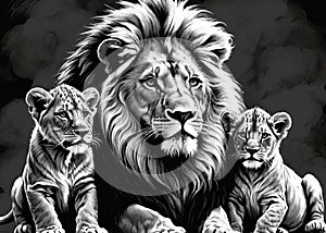 Lion and lion cubs.Lions family.Vector illustration.Lion family in the savannah.