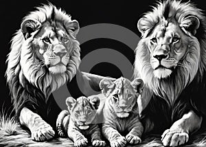 Lion and lion cubs.Lions family.Vector illustration.Lion family in the savannah.