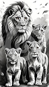 Lion and lion cubs.Lions family.Vector illustration.Lion family in the savannah.