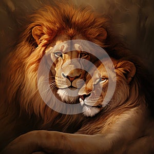 Lion and Lioness Cuddle in Digital Painting