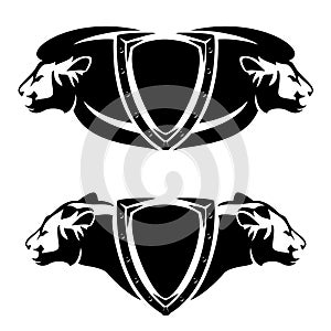 Lion and lioness profile head and security shield black and white vector design