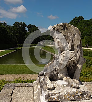 Lion and lionnes in garden of Vaux-le-Vicomte, France