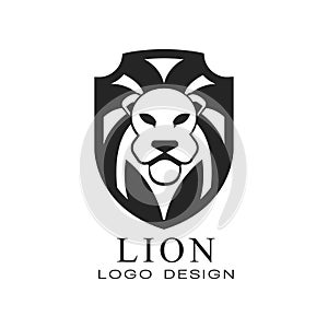 Lion logo, classic vintage style design element, shield with heraldic animal, black and white vector Illustration on a