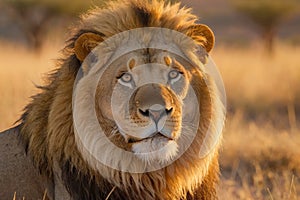 A lion with a long mane and a golden face stands in a field of tall grass