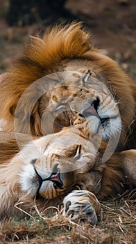 Lion lounging Two brown lions lying down peacefully on grass