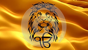 The Lion and main symbol of sikhism is the Ek Onkar sign on the background of an orange Khalistan flag