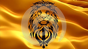 The Lion and main symbol of sikhism is the khanda sign on the background of an orange Khalistan flag