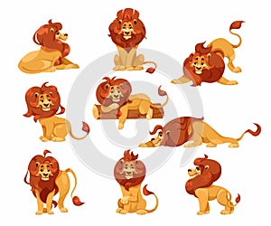 Lion with Mane as Proud Powerful Wild African Animal in Different Pose Vector Set