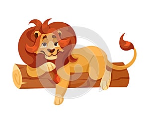 Lion with Mane as Proud Powerful Wild African Animal Lying on Log Vector Illustration