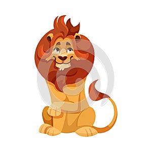 Lion with Mane as Proud Powerful Wild African Animal Sitting Vector Illustration