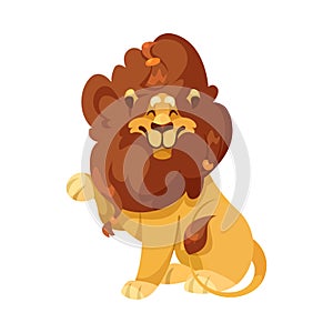 Lion with Mane as Proud Powerful Wild African Animal Sitting Vector Illustration