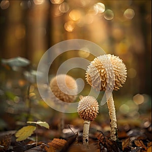 Lion Mane Mushrooms in Forest, Blurred Background, Copy Space, Bearded Mane in Forest