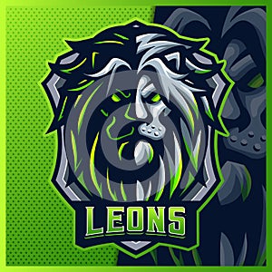 Lion mascot esport logo design illustrations vector template, Green Lion logo for team game streamer youtuber banner twitch photo