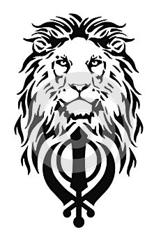 The Lion and the most significant symbol of Sikhism - Sign of Khanda, drawing for tattoo