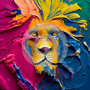 Lion in multi-colored pieces of paint. 3D render