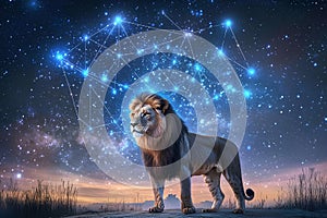 Lion in the night sky with network connection. photo