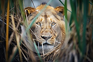 lion with one eye open, resting in thicket