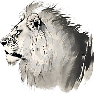 Lion painting in a traditional Japanese brush painting style. AI-generated.