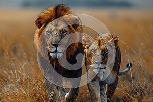 Lion Pair Majesty in the Savannah. Concept Wildlife Photography, African Safari, Majestic Animals,