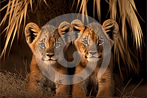 Lion (Panthera leo) cubs. Kalahari, South Africa, AI generated
